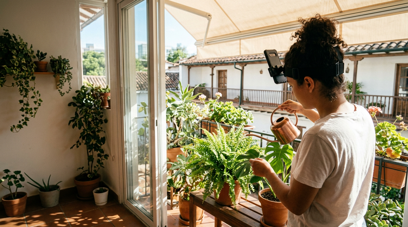 Persona con un teléfono sujeto a la cabeza mientras riega plantas
